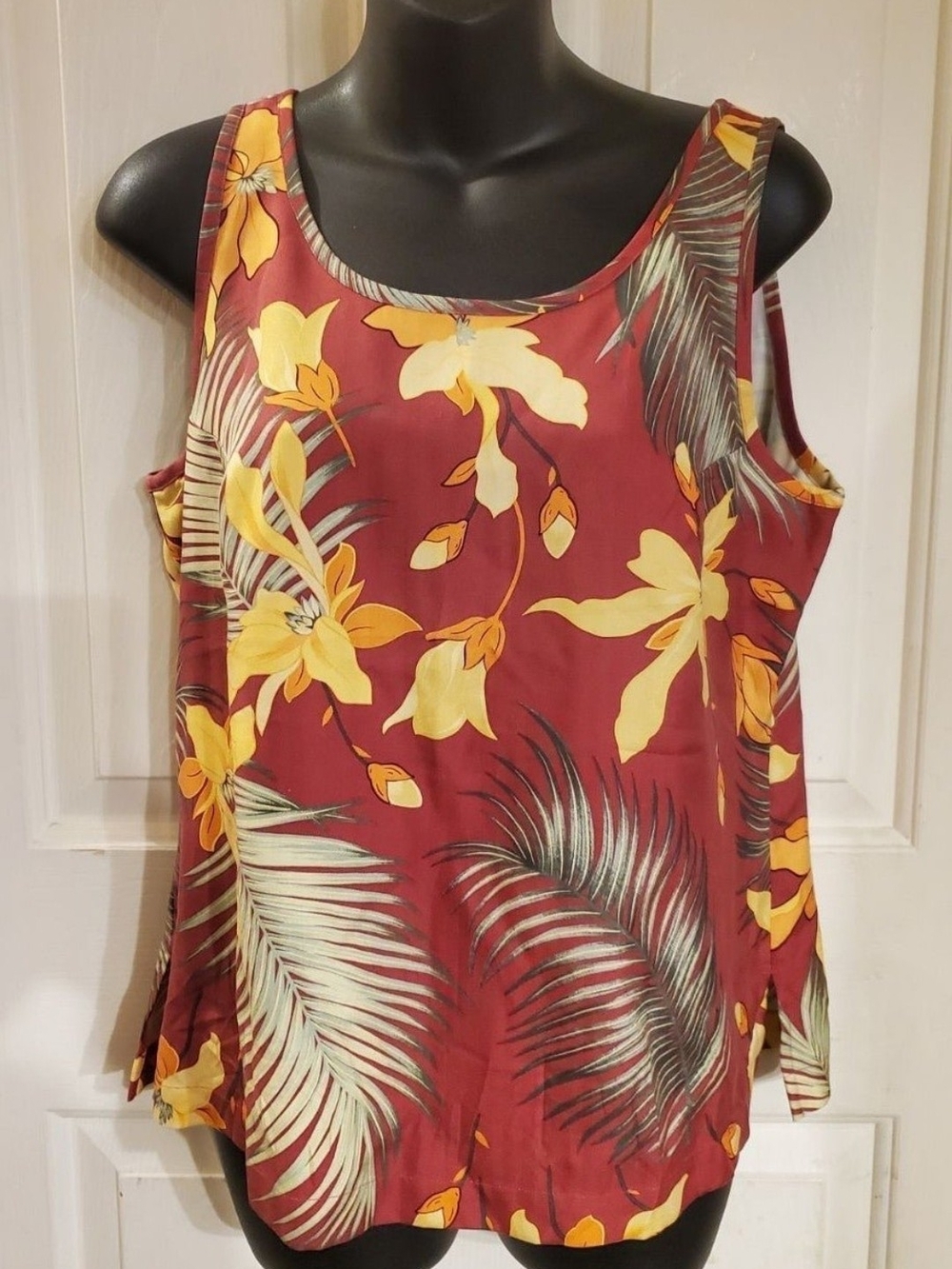 Floral Scoop Neck Sleeveless Top - Yellow Floral on Burgundy